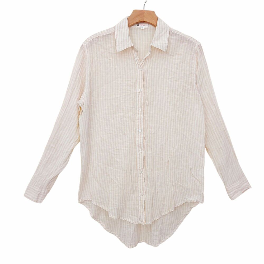 Sundry for Evereve Shirt Womens XS Beige Pop Stripe Cotton Relaxed Fit Oversized